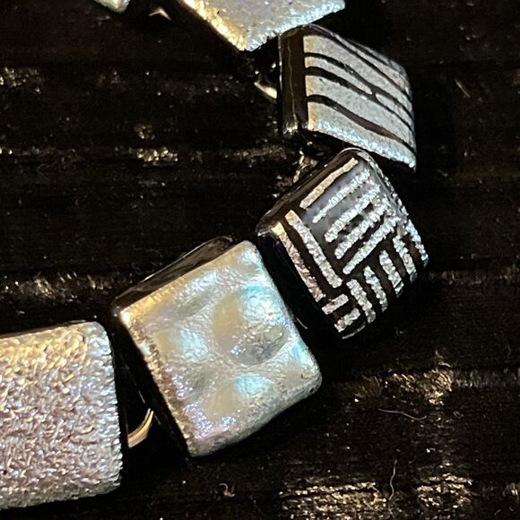 Dichroic Art Glass Silver & Black Tile Silvertone Chain Bracelet Fold Over Clasp - Picture 4 of 11